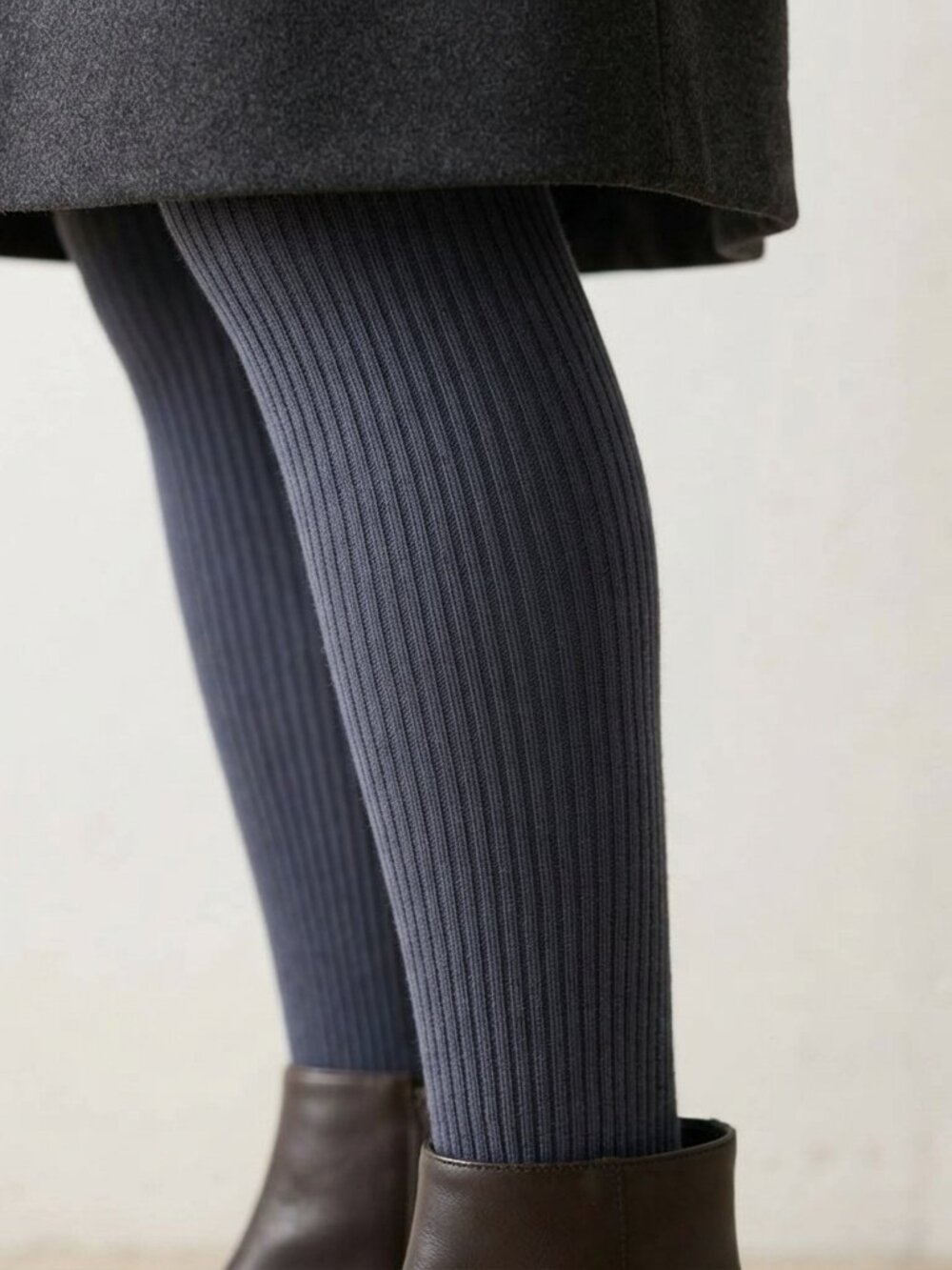 Womens Charcoal Grey Ribbed Control Top Fashion Tights Cozy Fall Winter Size S/M